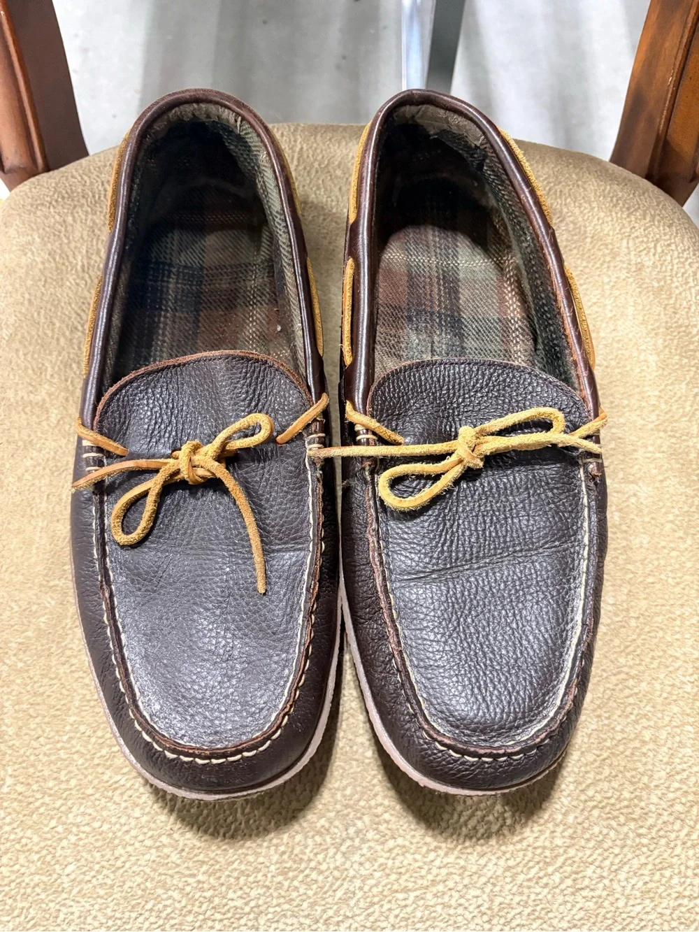 L.L. Bean Men's Size 13 W Brown Leather Handsewn Flannel Lined Moccasin Slippers